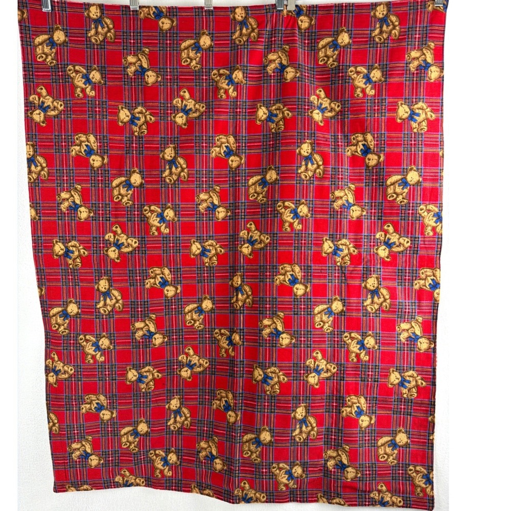 Homemade Teddy Bear Plaid Corduroy Blanket Reversible Red Tan Gingham 34"x42"